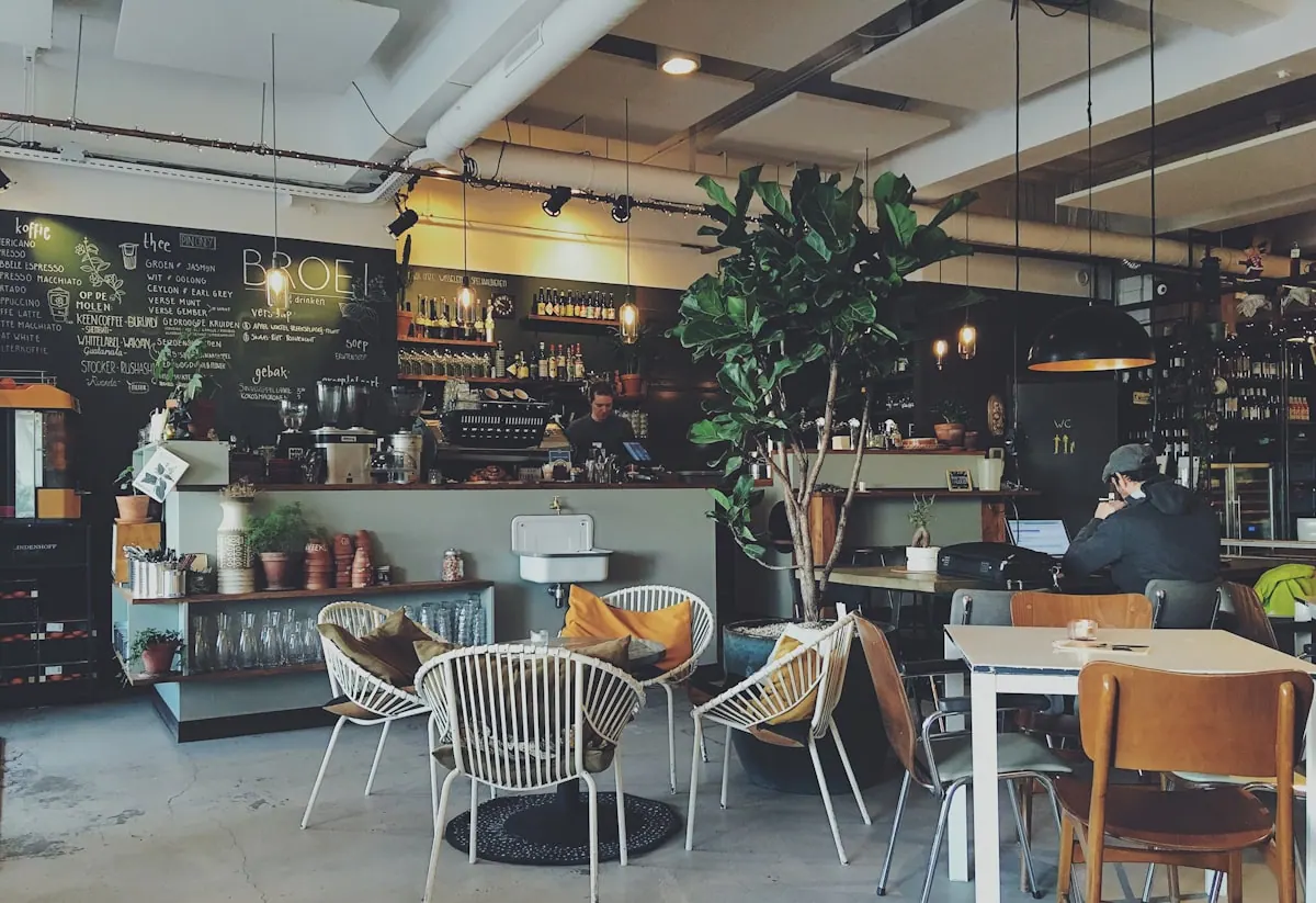 Sala cafenelei, cu scaune din ratan, plante verzi și barul în fundal